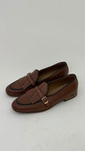 Mocassino con frange e borchie in pelle cuoio